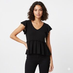 Black Flutter Sleeve Peplum Blouse